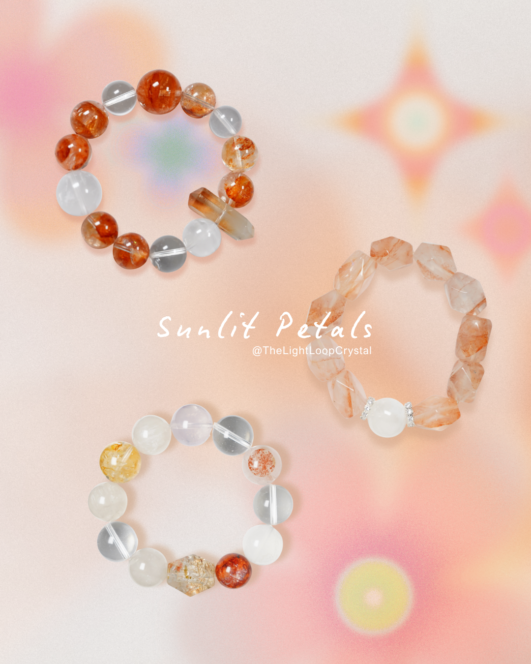 Three beaded bracelets on a soft, multicolored background with 'Sunlit Petals' branding.