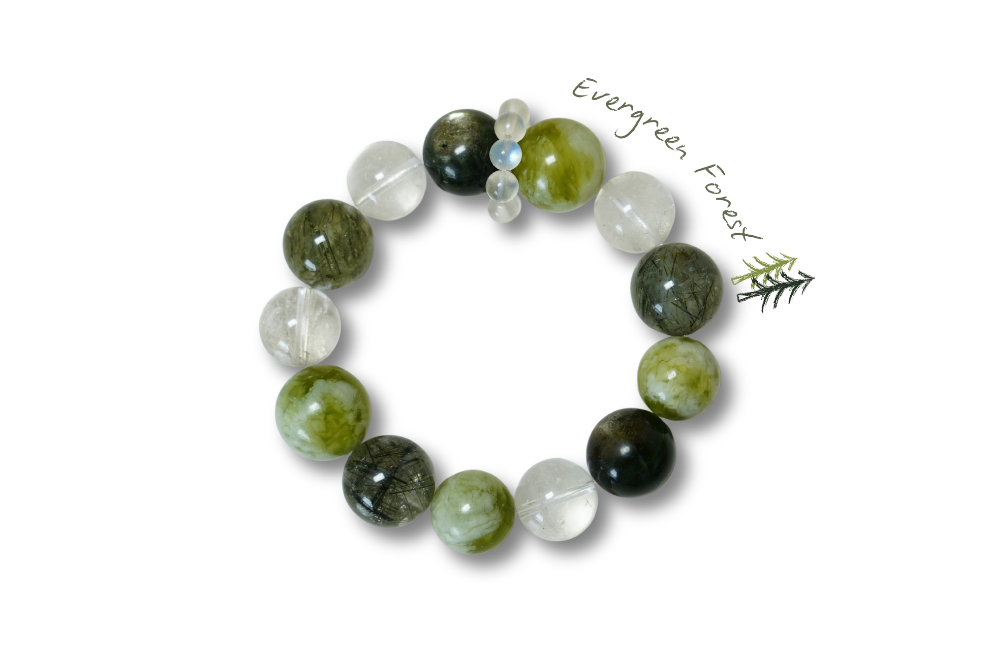 Beaded bracelet with green, black, and white stones on a white background