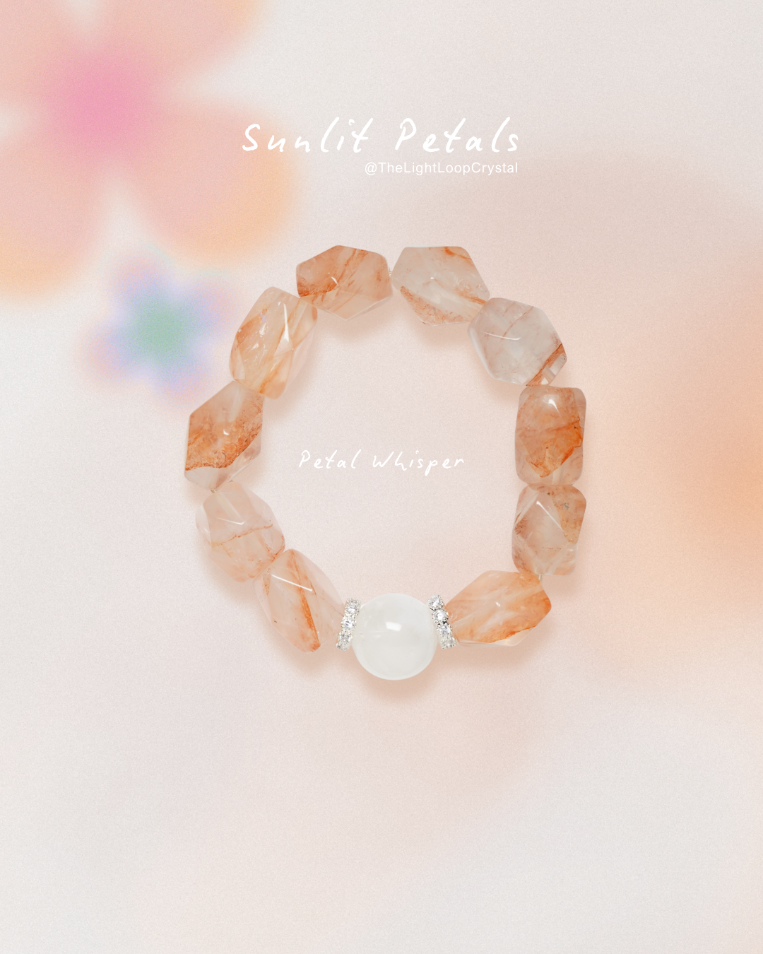 Decorative ring with peach and white stones on a soft pink background, featuring 'Sunlit Petals' branding.