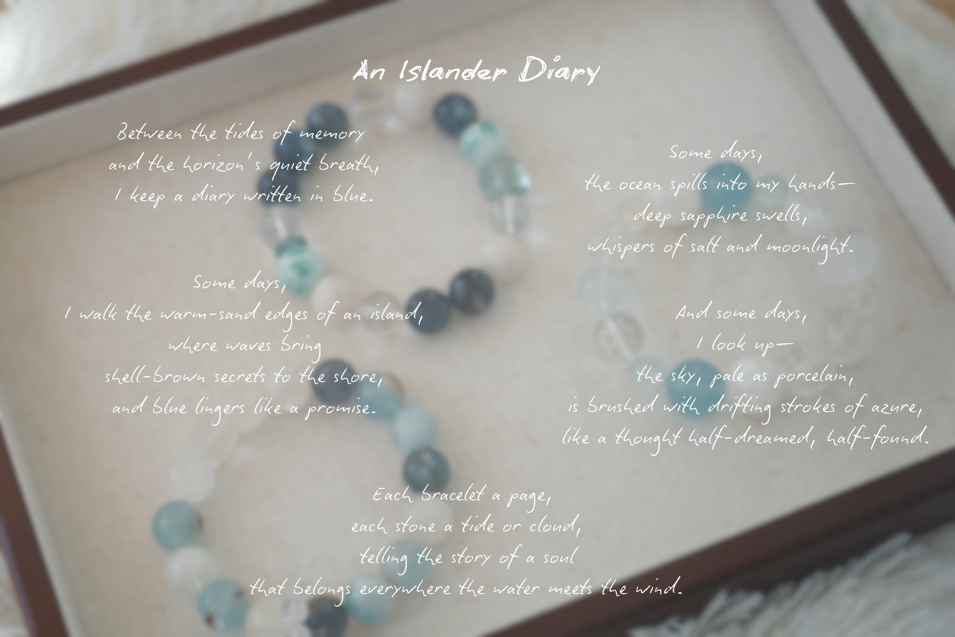 Text on a white background with a crystal crystal bracelet featuring blue beads.